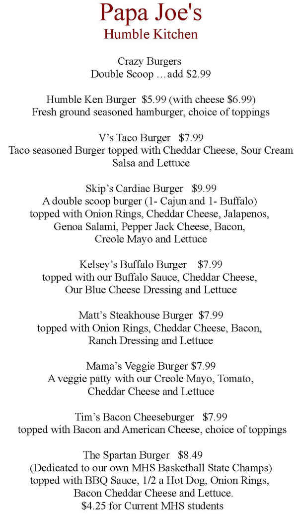 Papa Joe's Humble Kitchen menu page 1