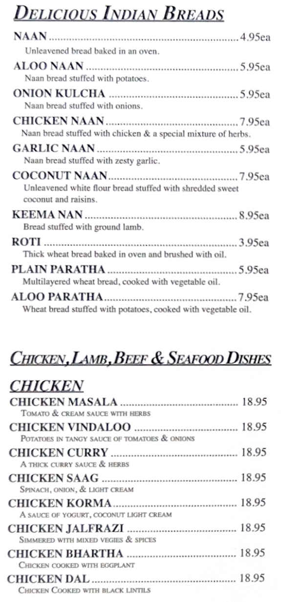 Shalimar of India menu page 1