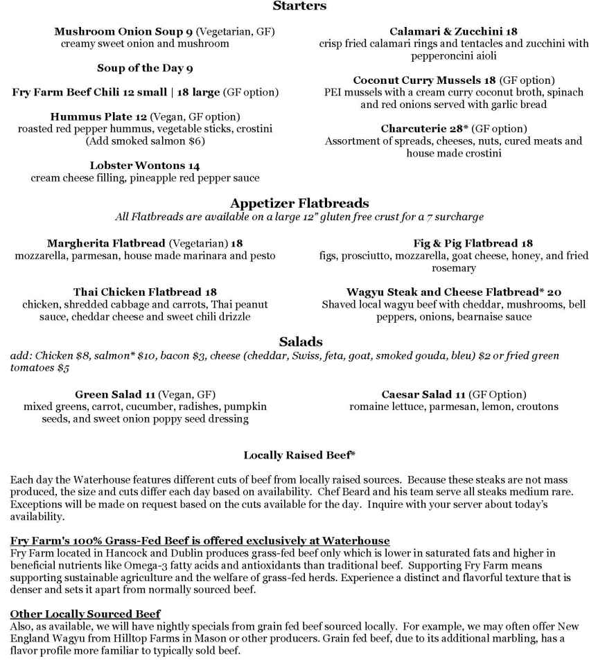 Waterhouse Restaurant menu page 1