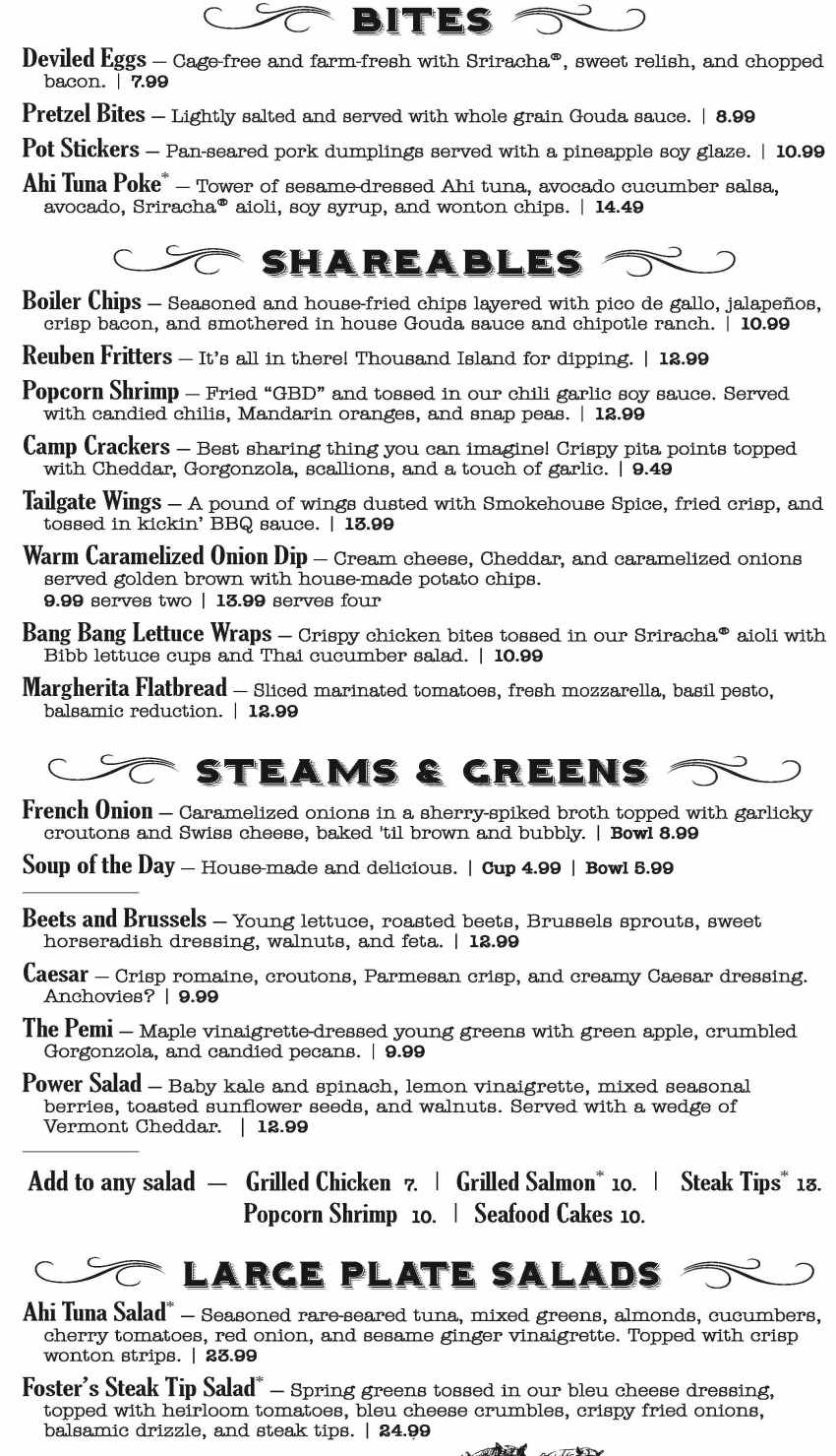 Fosters Boiler Room menu page 1