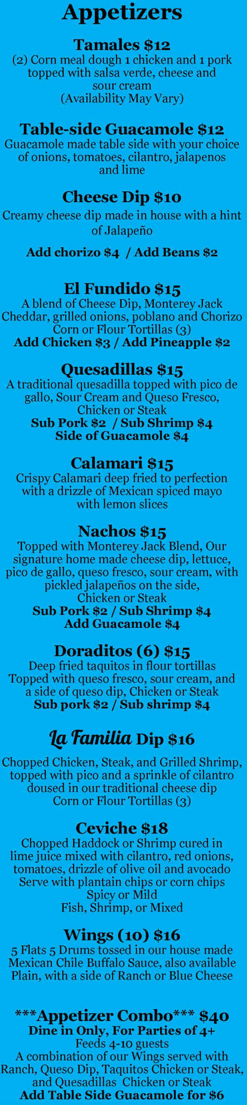 La Familia Mexican menu page 1