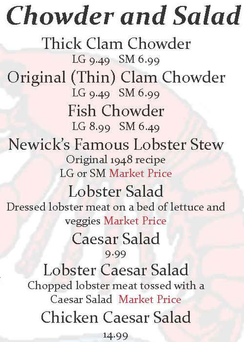 Newick's Lobster House menu page 1