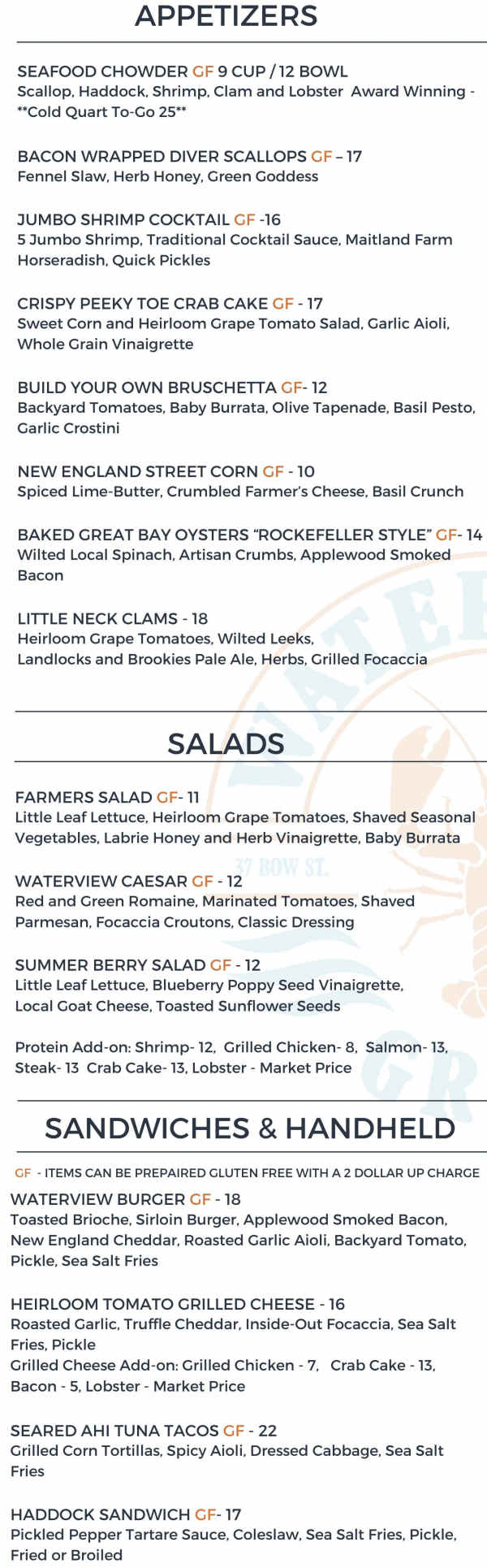 Water View Grill menu page 1