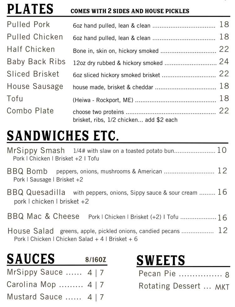 Mr Sippy BBQ menu page 1