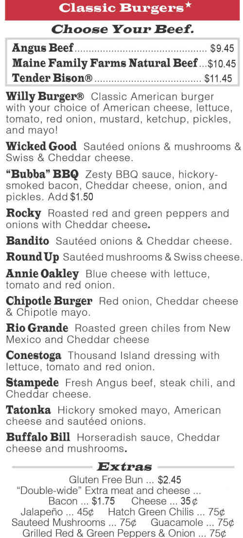 Wild Willy's Burgers menu page 1