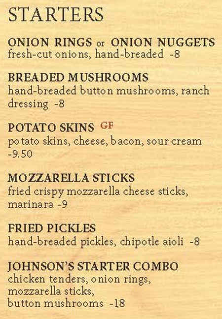 Johnson's Seafood & Steak menu page 1