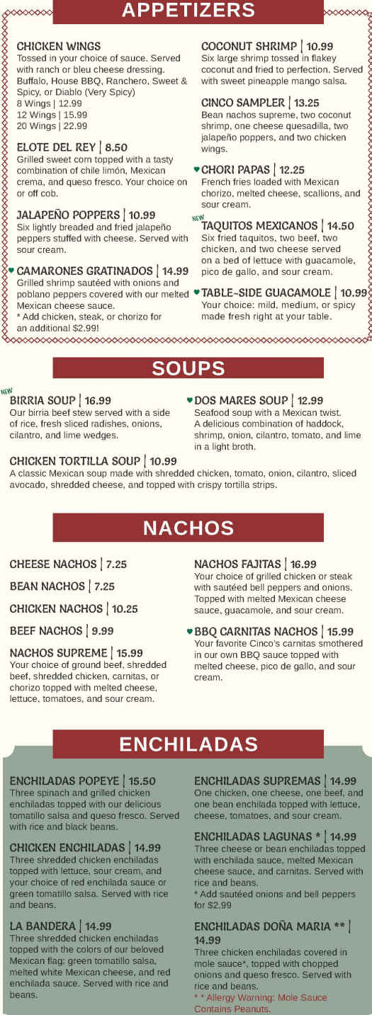 Cinco's Cantina menu page 1