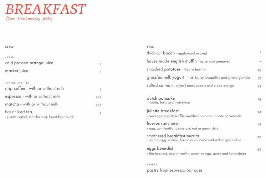 Juliette menu page 1