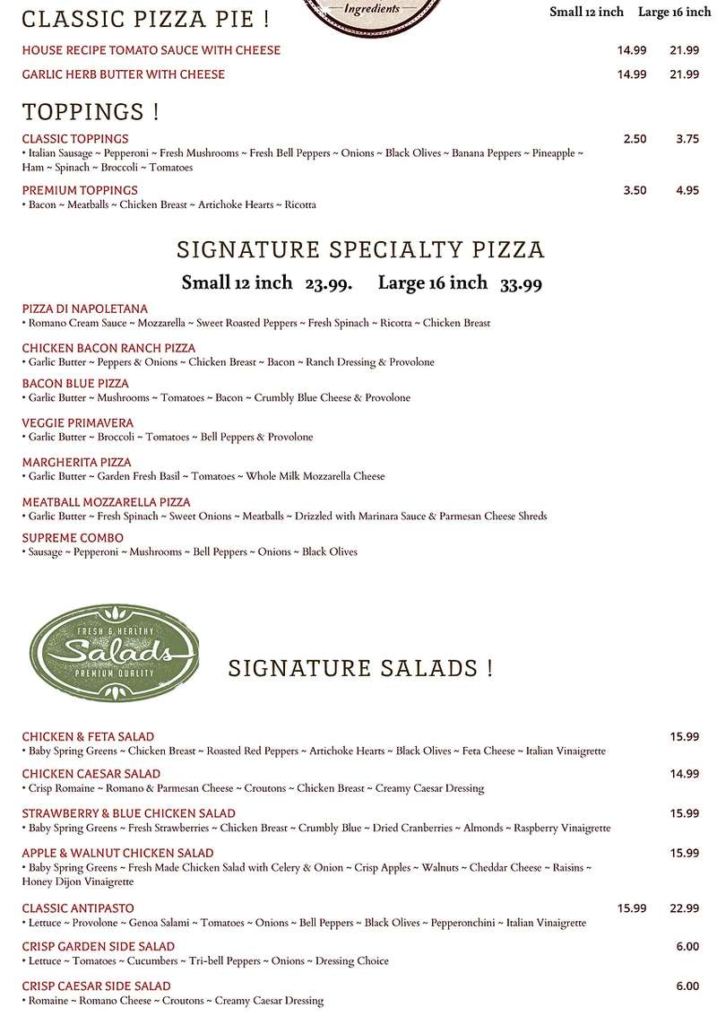 Cavallario's Pizza menu page 1