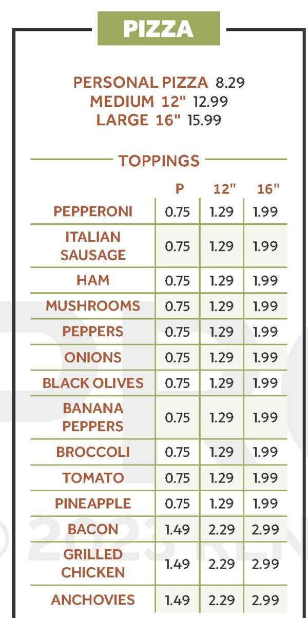 Korner Pizzeria menu page 1