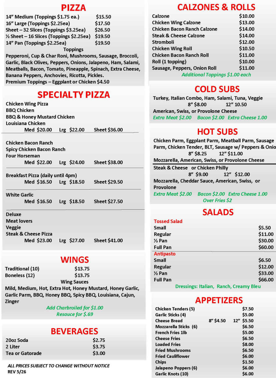 Giuseppe's Pizzeria menu page 1