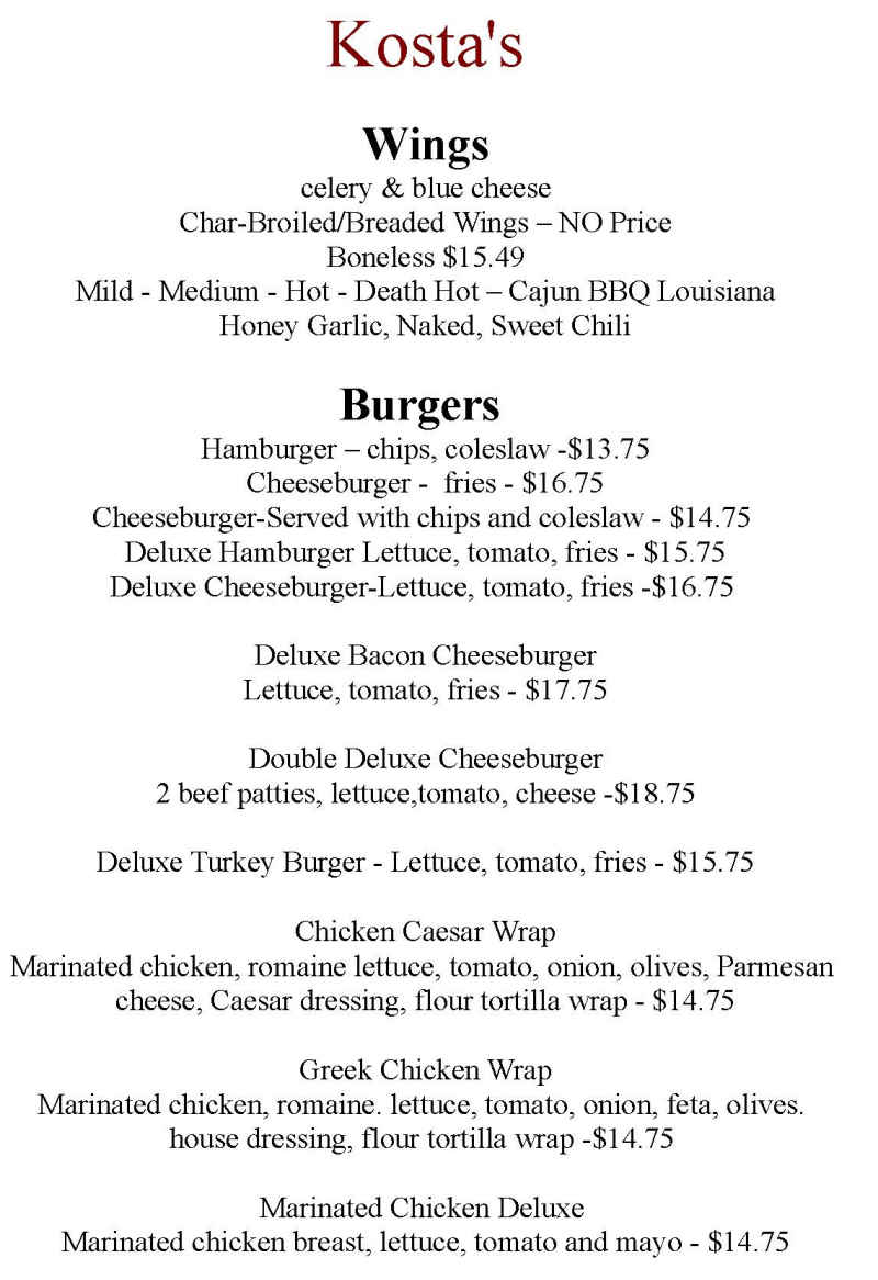 Kosta's Bar & Grill menu page 1