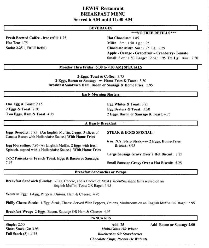 Lewis' Restaurant menu page 1