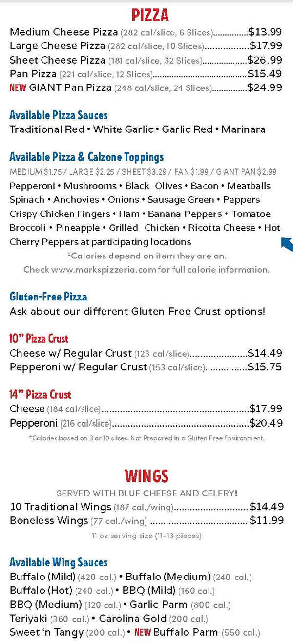 Mark's Pizzeria menu page 1