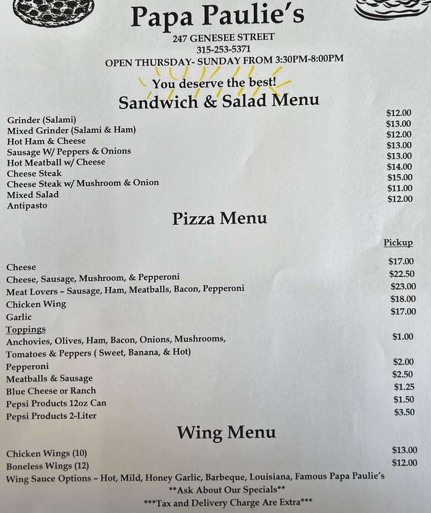 Papa Paulie's Pizza menu page 1