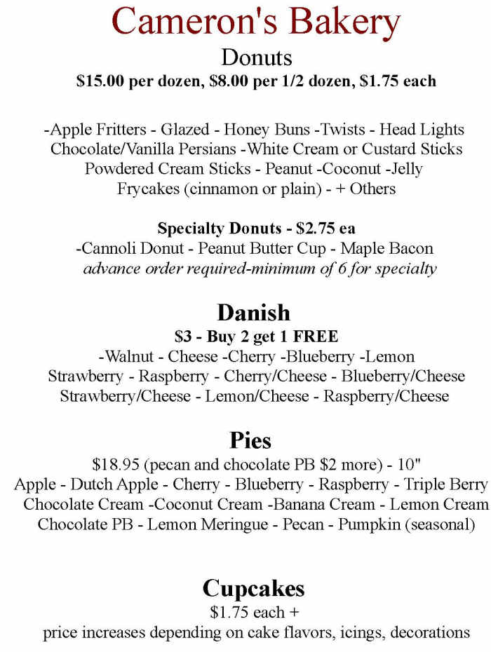 Camerons Bakery menu page 1