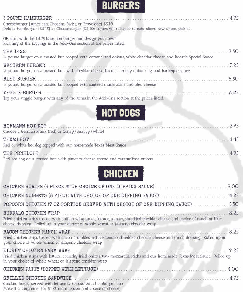 Reese's Dairy Bar menu page 1