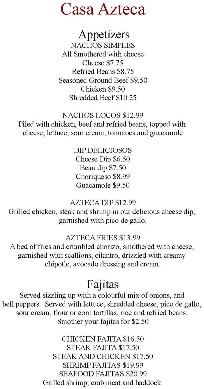 Casa Azteca menu page 1