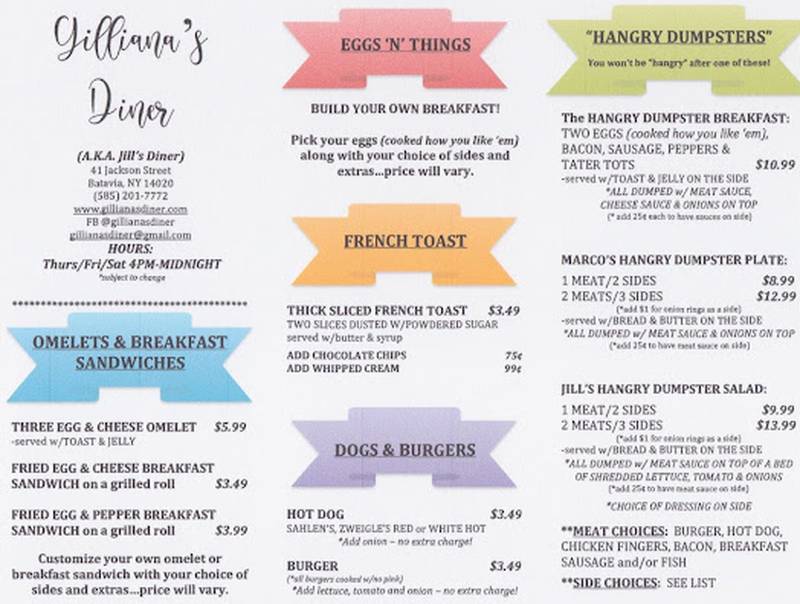 Gilliana's Diner menu page 1