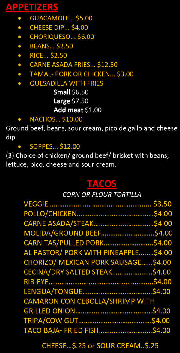 Los Compadres Taqueria menu page 1