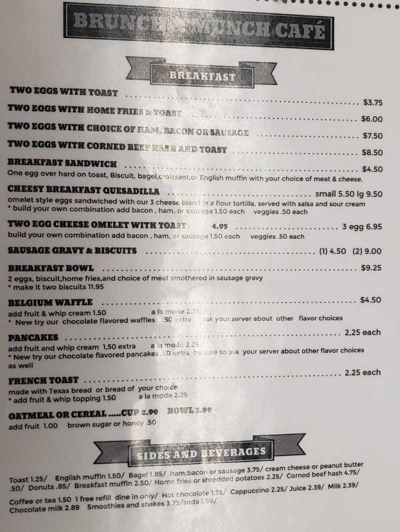 Brunch & Munch Cafe menu page 1