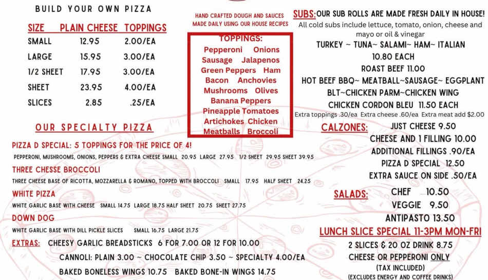 Pizza D menu page 1