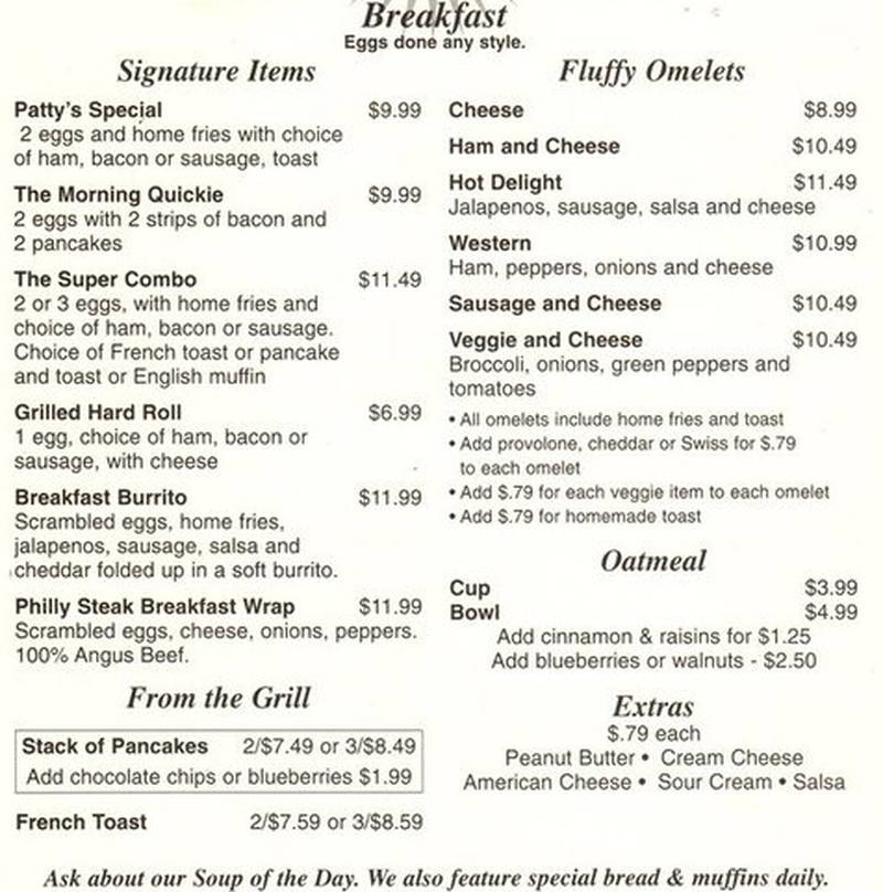Patty's Place menu page 1