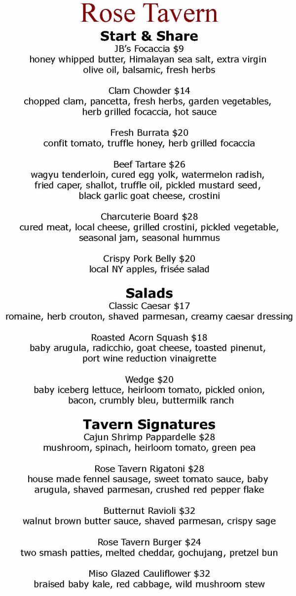 Rose Tavern menu page 1