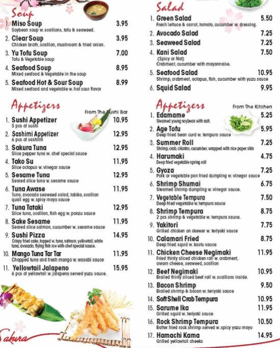 Sakura Japanese Steak & Sushi menu page 1