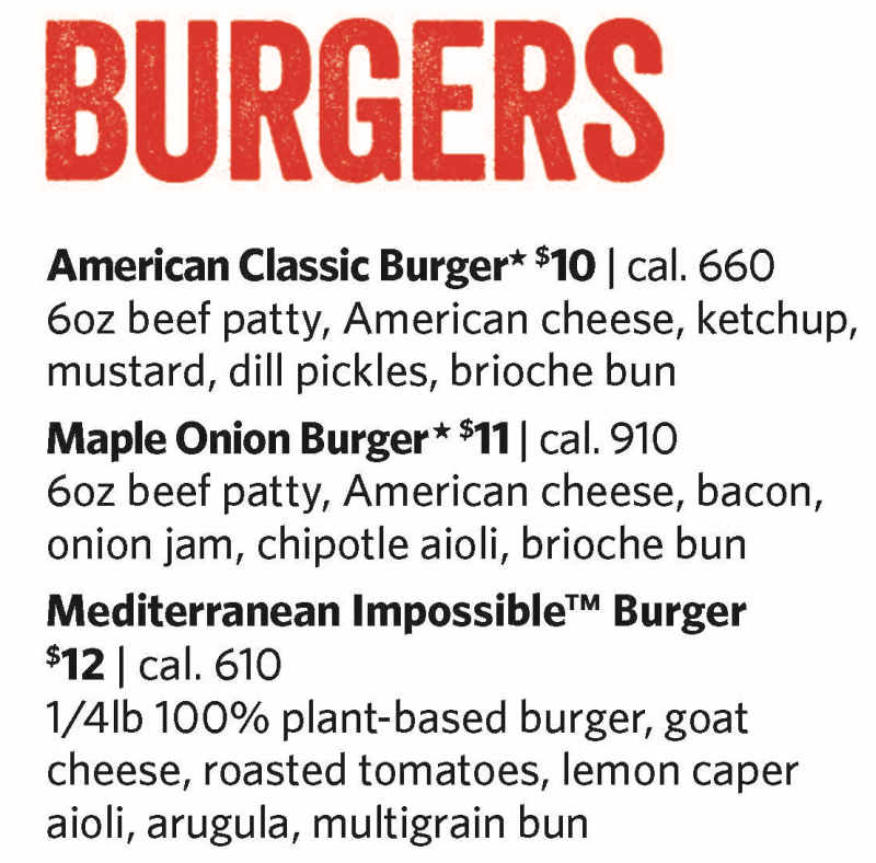 The Burger Bar Wegmans menu page 1