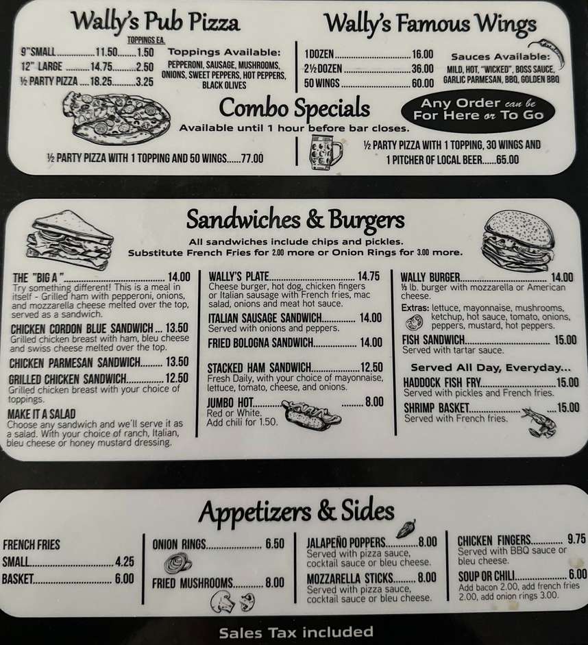 Wally's Pub menu page 1
