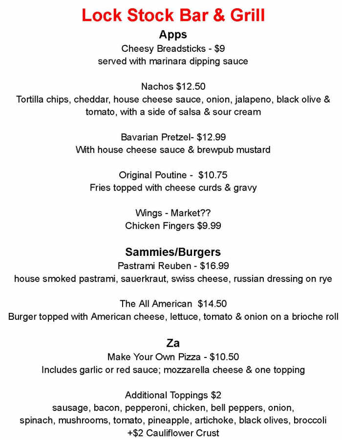 Lock Stock Bar & Grill menu page 1