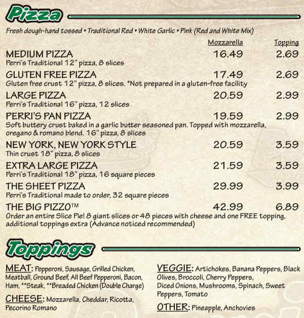 Perri's Pizzeria menu page 1