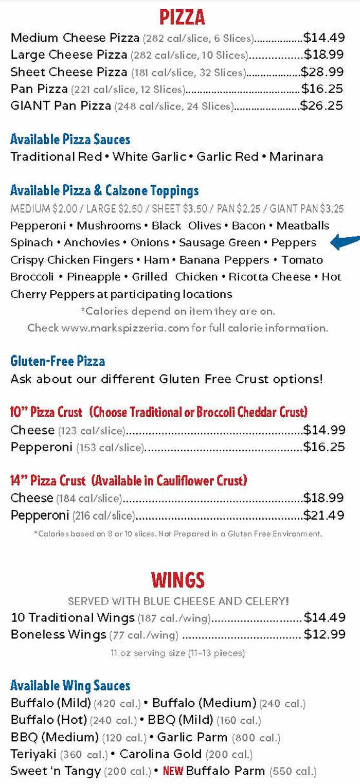 Mark's Pizzeria menu page 1