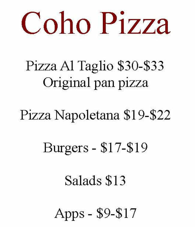 Coho Pizza menu page 1