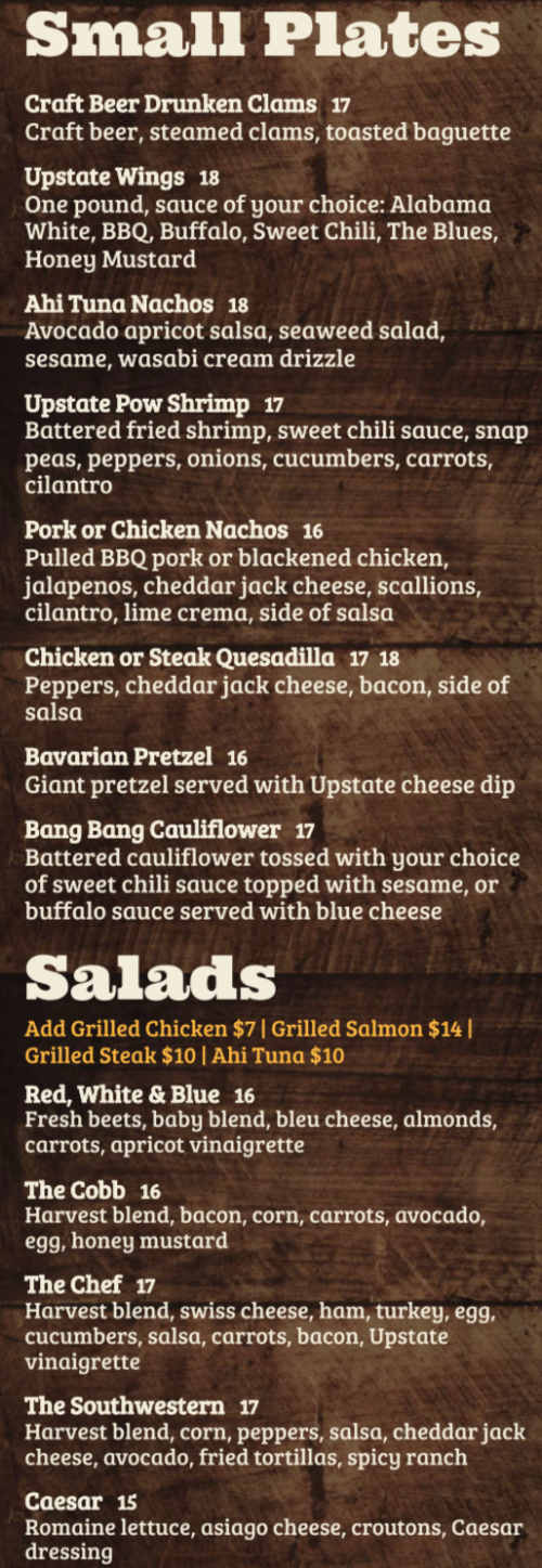Upstate Bar & Grill menu page 1