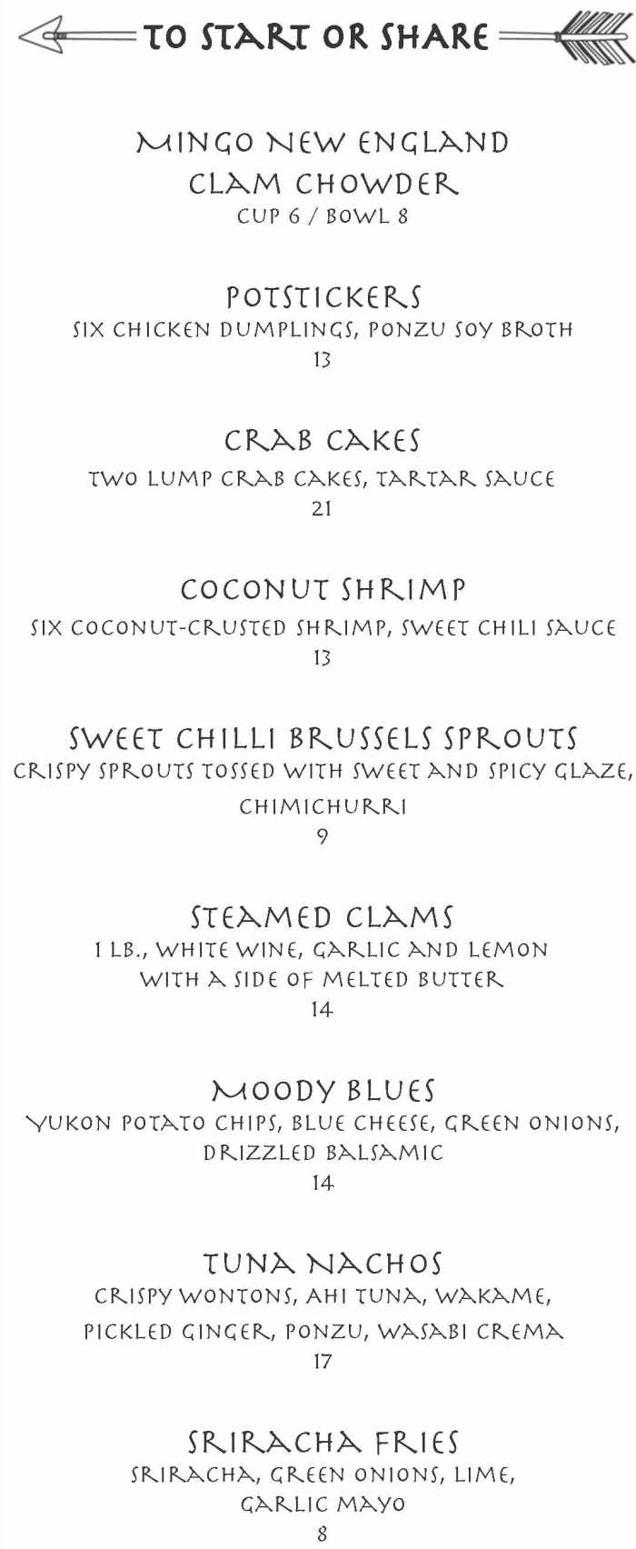 Blue Mingo Grill menu page 1
