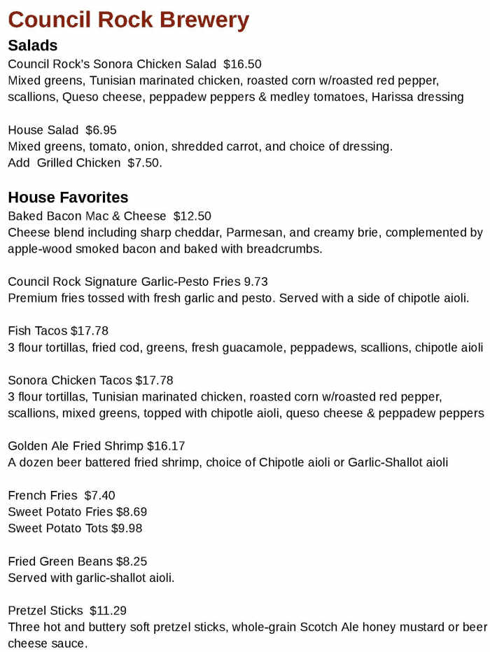 Council Rock Brewery menu page 1