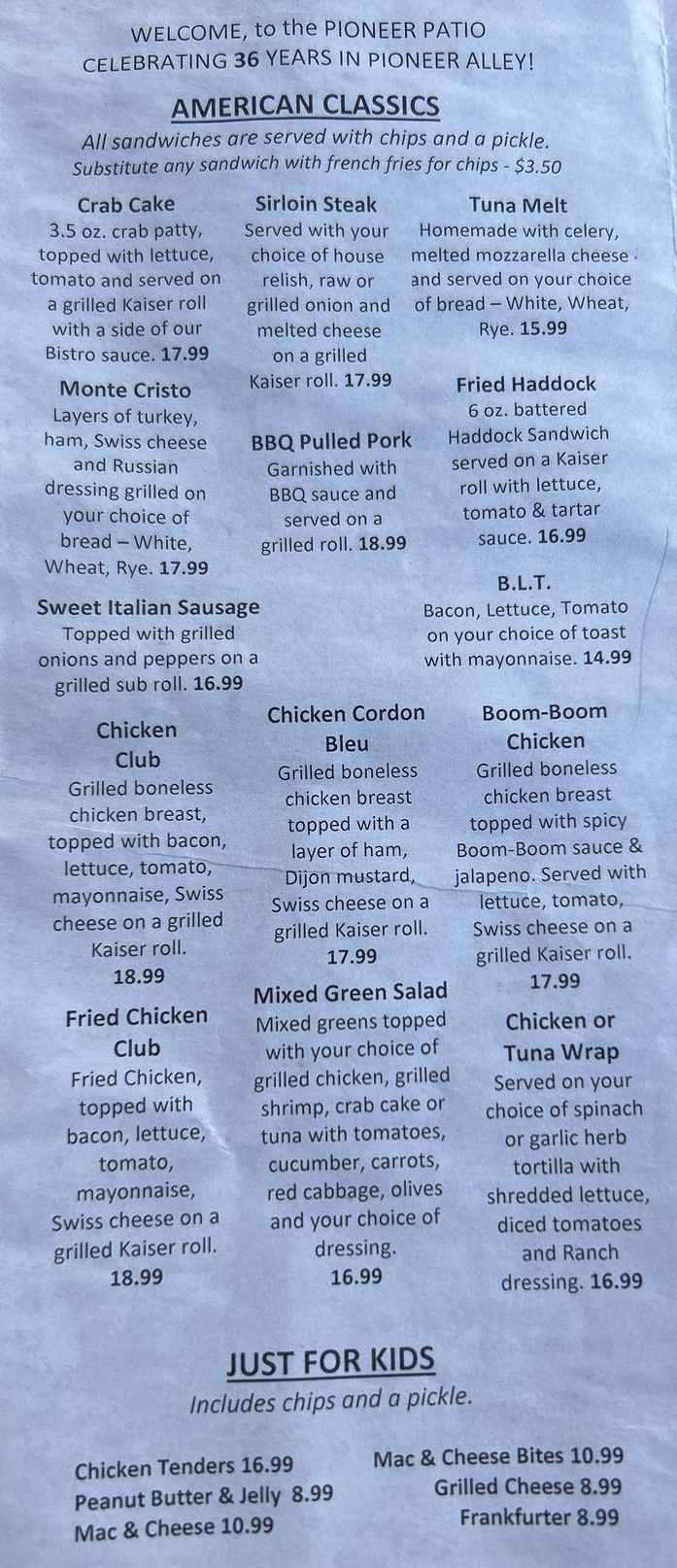 Pioneer Patio menu page 1