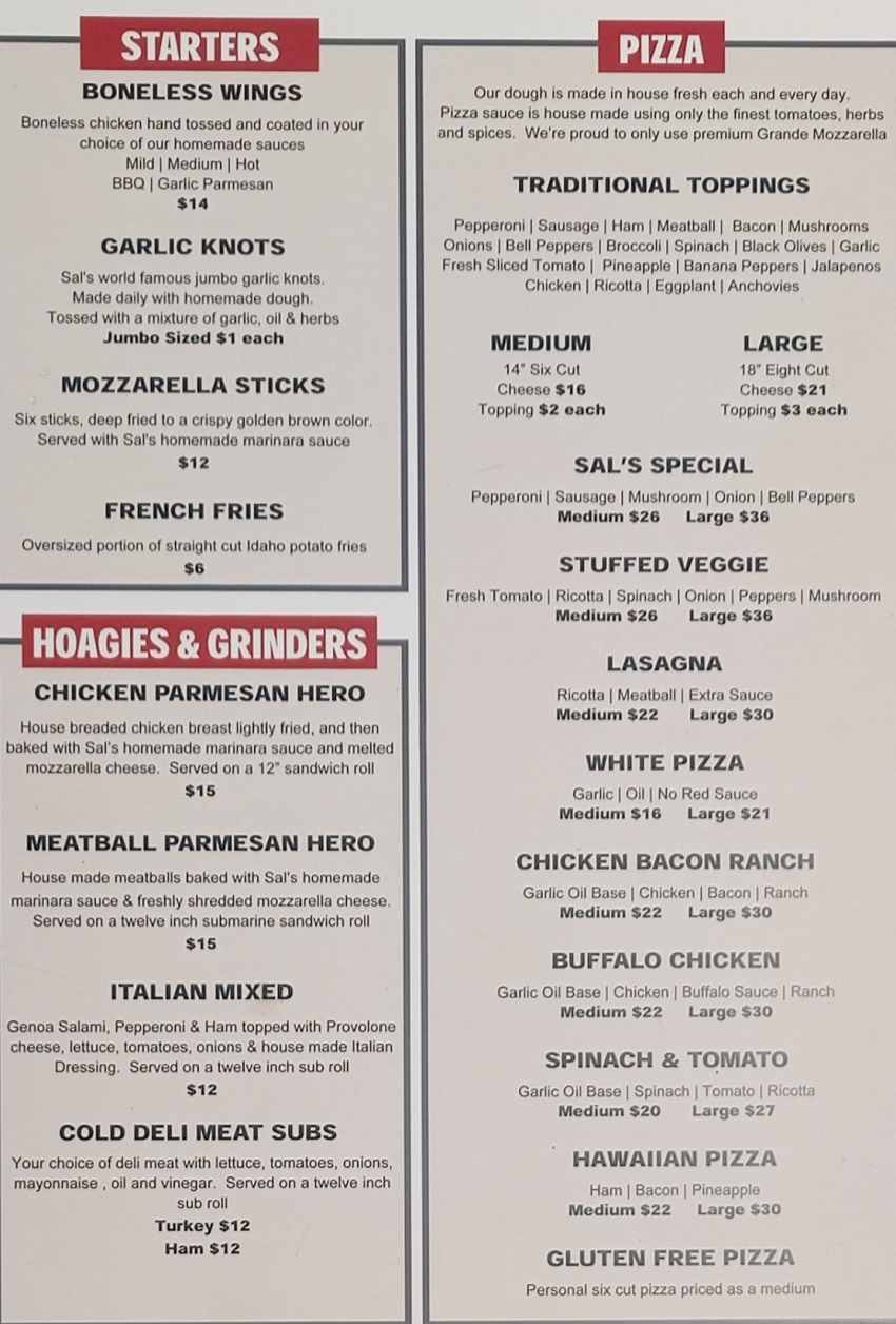 Sal's Pizzeria menu page 1