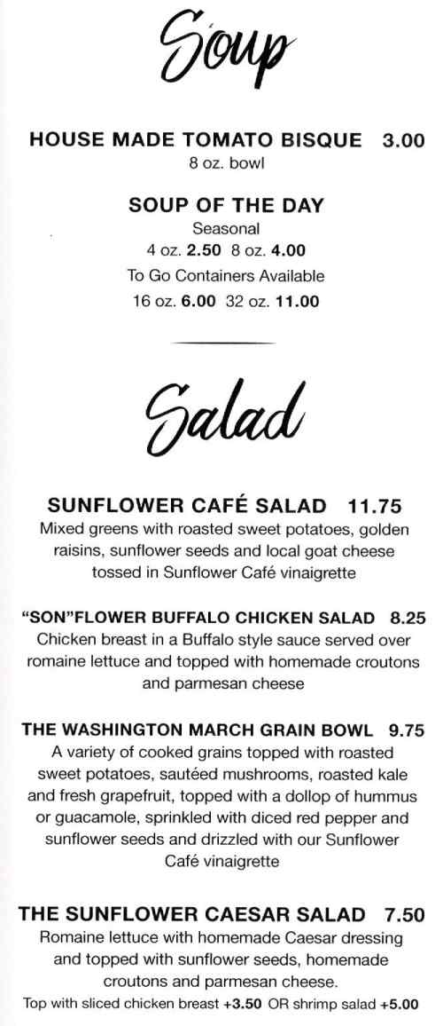 Sunflower Cafe menu page 1