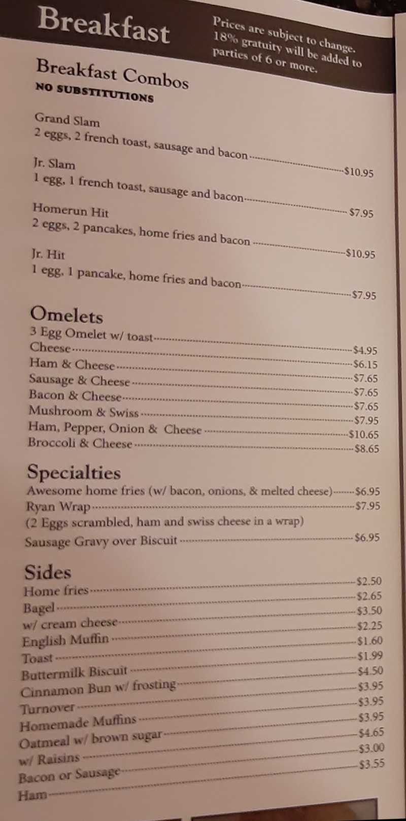 Jackie's Restaurant menu page 1