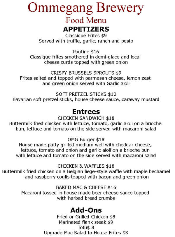 Ommegang Brewery menu page 1