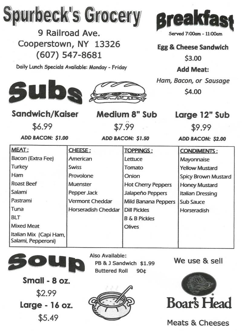 Spurbeck's Grocery menu page 1
