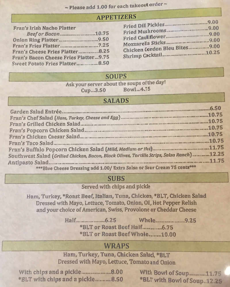 Frans Landing menu page 1