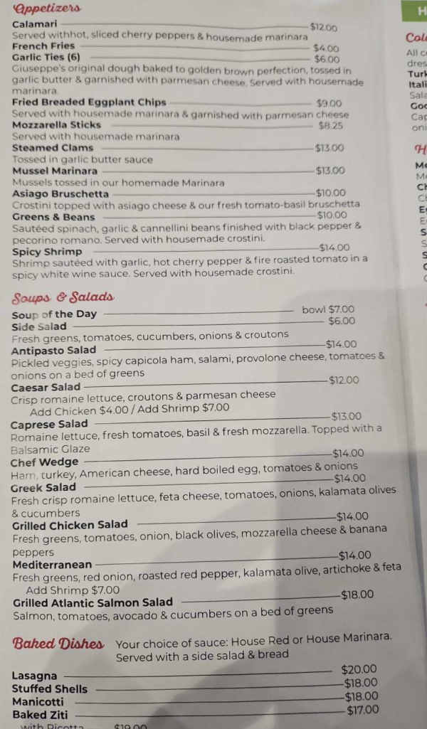 Giuseppe's Italian Eatery menu page 1