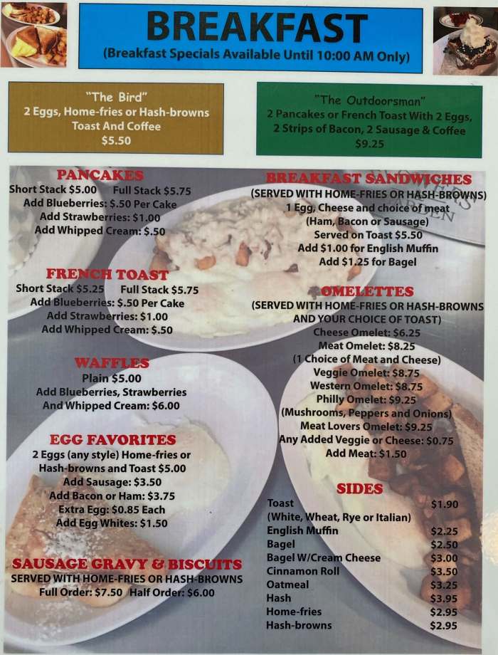 A J's Family Diner menu page 1