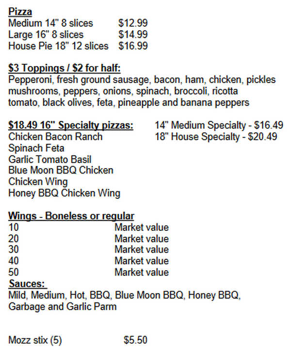 A Round Pizza menu page 1