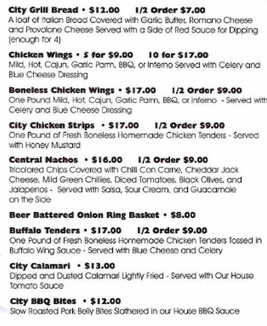 Central City Bar & Grill menu page 1