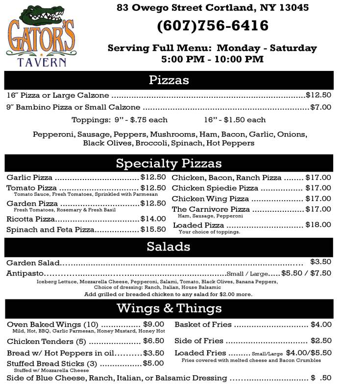 Gators Tavern menu page 1